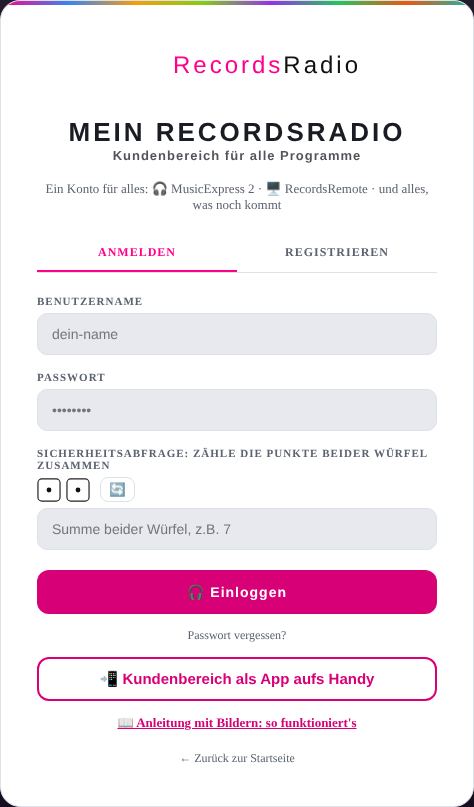 Anmelden mit Benutzername, Passwort und Würfel-Abfrage