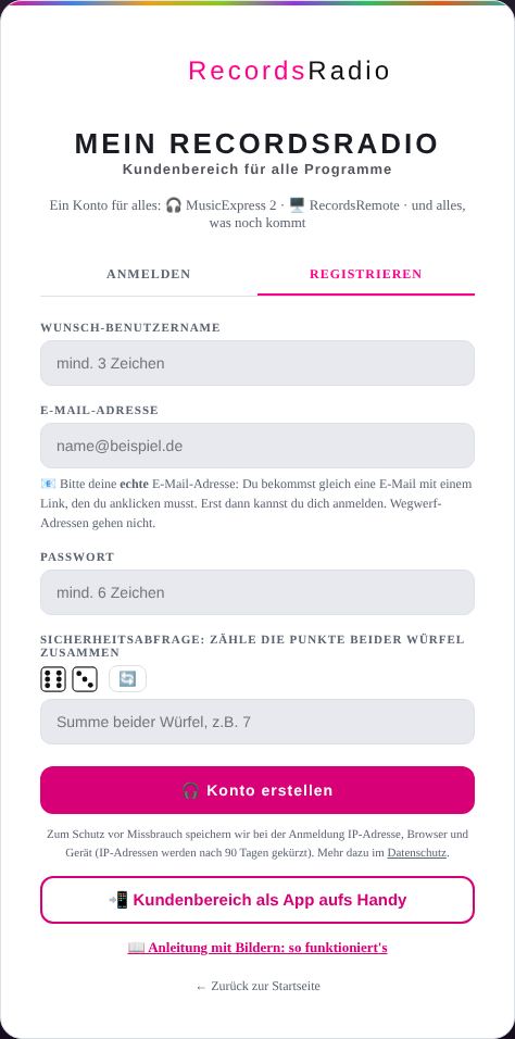 Konto anlegen: Reiter „Registrieren“