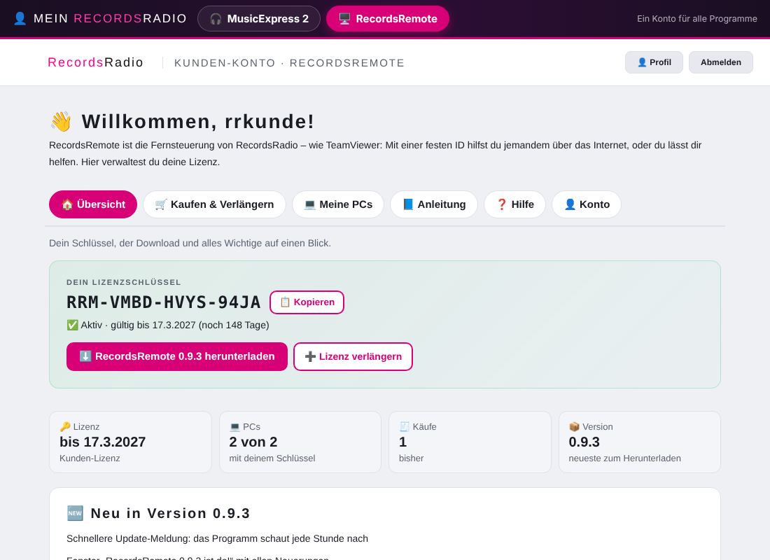 Mein RecordsRadio – Reiter „🖥️ RecordsRemote“