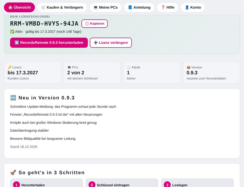Reiter „🏠 Übersicht“: Schlüssel, Kopieren, Herunterladen