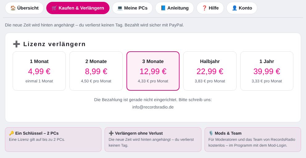 Reiter „🛒 Kaufen & Verlängern“